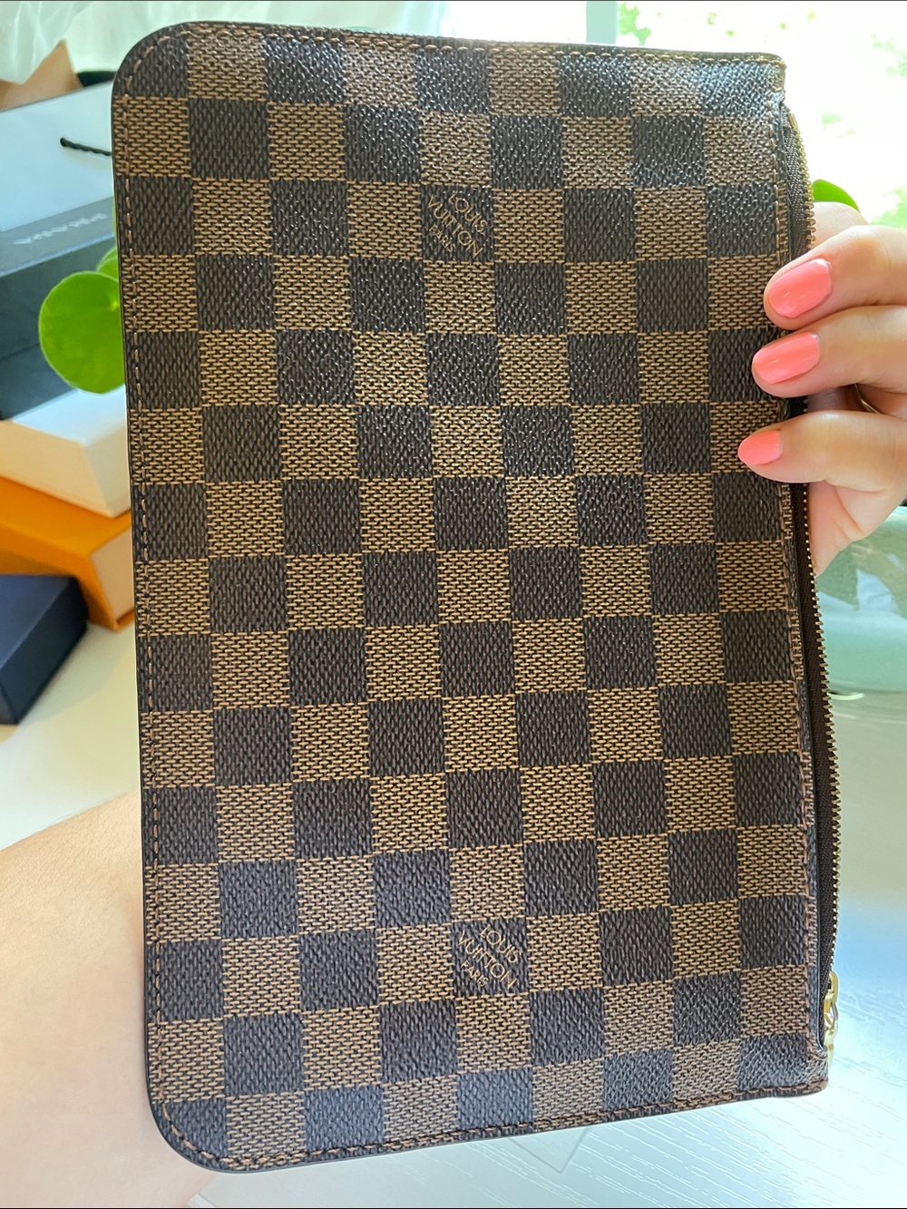 Louis Vuitton Brown Damier Ebene Wristlet Pouch with Gold Hardware